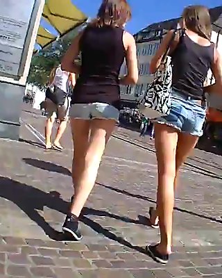 Two German Girls Shopping Hotpants Upskirt Great Ass Legs